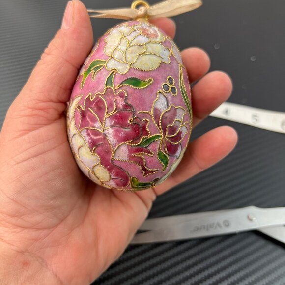 Vintage Cloisonne Goldtone Floral Egg Hanging Ornament Victorian Enameled - Picture 10 of 10